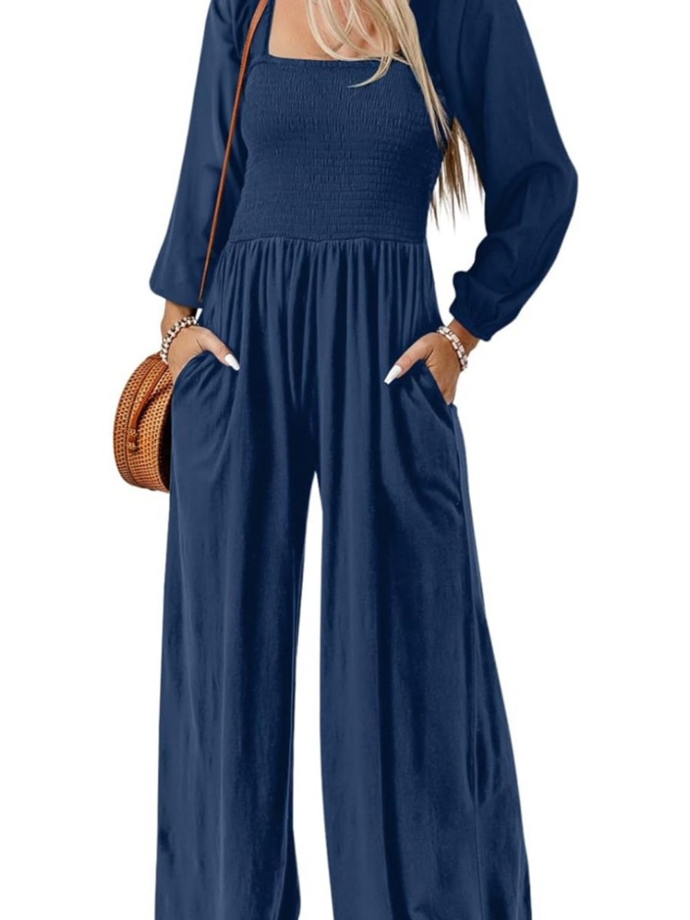 Women's Navy Square-Neck Wide-Leg Loose Lightweight Jumpsuit Romper with pockets